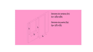 Derrame de ventana (Dv)
Dv= 2(l3)+2(l4)
Derrame de puerta (Dp)
Dp= 2(l1)+(l2)
l1
l4
l3
l1
 