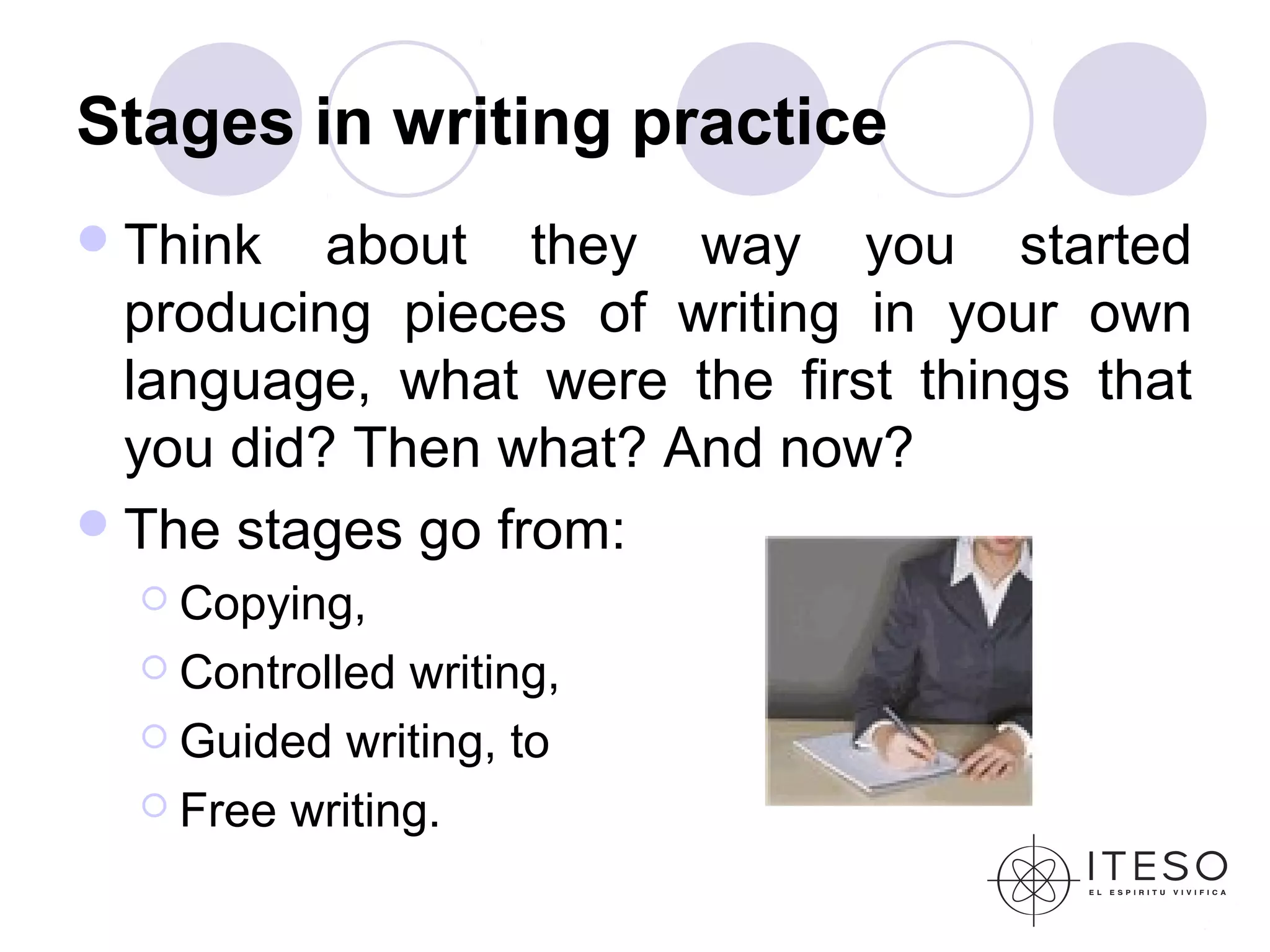 Stages in writing practice
 Think   about they way you started
  producing pieces of writing in your own
  language, what were the first things that
  you did? Then what? And now?
 The stages go from:
   Copying,

   Controlled writing,
   Guided writing, to

   Free writing.
 