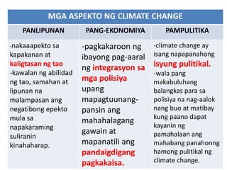 MGA ASPEKTO NG CLIMATE CHANGE
PANLIPUNAN PANG-EKONOMIYA PAMPULITIKA
-nakaaapekto sa
kapakanan at
kaligtasan ng tao
-kawalan ng abilidad
ng tao, samahan at
lipunan na
malampasan ang
negatibong epekto
mula sa
napakaraming
suliranin
kinahaharap.
-pagkakaroon ng
ibayong pag-aaral
ng integrasyon sa
mga polisiya
upang
mapagtuunang-
pansin ang
mahahalagang
gawain at
mapanatili ang
pandaigdigang
pagkakaisa.
-climate change ay
isang napapanahong
isyung pulitikal.
-wala pang
makabuluhang
balangkas para sa
polisiya na nag-aalok
nang buo at matibay
kung paano dapat
kayanin ng
pamahalaan ang
mahabang panahonng
hamong pulitikal ng
climate change.
 