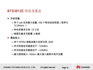 BTS3812E 容量及覆盖 系统容量 : 单个 cell 支持最大容量 :128 个等效语音信道（速率为 12.2Kbit/s ） 单机柜最多支持 :12 小区 每扇区最多可配置 :4 载频 覆盖能力 : 单个 MTRU 每载波最大发射功率 :50W 单天线接收灵敏度优于 :-125dBm 双天线接收灵敏度优于 :-128dBm 最大搜索能力 :180km, 最大接入搜索半径可设置 Page  