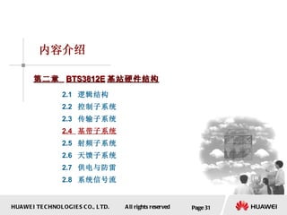 Page  内容介绍 第二章  BTS3812E 基站硬件结构 2.1  逻辑结构 2.2  控制子系统 2.3  传输子系统 2.4  基带子系统 2.5  射频子系统 2.6  天馈子系统 2.7  供电与防雷 2.8  系统信号流 