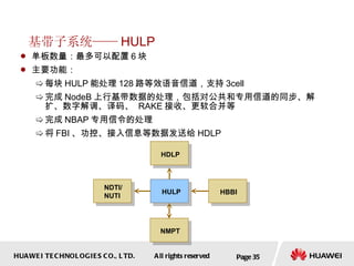 基带子系统—— HULP 单板数量：最多可以配置 6 块  主要功能： 每块 HULP 能处理 128 路等效语音信道，支持 3cell 完成 NodeB 上行基带数据的处理，包括对公共和专用信道的同步、解扩、数字解调、译码、  RAKE 接收、更软合并等 完成 NBAP 专用信令的处理  将 FBI 、功控、接入信息等数据发送给 HDLP Page  HULP HDLP NDTI/ NUTI HBBI NMPT 