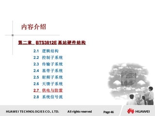 Page  内容介绍 第二章  BTS3812E 基站硬件结构 2.1  逻辑结构 2.2  控制子系统 2.3  传输子系统 2.4  基带子系统 2.5  射频子系统 2.6  天馈子系统 2.7  供电与防雷 2.8  系统信号流 