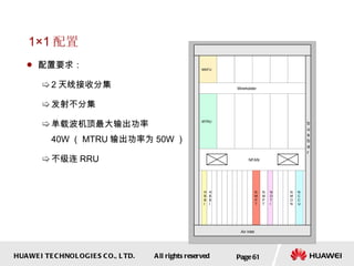 1×1 配置 配置要求： 2 天线接收分集 发射不分集 单载波机顶最大输出功率 40W （ MTRU 输出功率为 50W ） 不级连 RRU Page  NBBI MTRU MAFU NFAN Air inlet Wireholder b u s b a r N M O N N C C U H B B I H B B I N M P T N M P T N D T I 