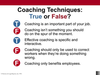 © Business & Legal Reports, Inc. 0901
Coaching Techniques:
True or False?
Coaching is an important part of your job.
Coaching isn’t something you should
do on the spur of the moment.
Effective coaching is specific and
interactive.
Coaching should only be used to correct
workers when they’re doing something
wrong.
Coaching only benefits employees.
 