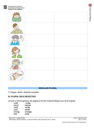 Generalitat de Catalunya 
Departament d’Ensenyament 
Institut Carles Vallbona 
SINGULAR-PLURAL 
3- Llegeix, aprèn i després completa: 
EL PLURAL DELS ADJECTIUS 
a) Com a norma general, els adjectius formen el plural afegint una -s al singular: 
corb corbs 
blanc blancs 
verd verds 
pare pares 
amarg amargs 
tebi tebis 
Nom arxiu: 7_COM_ESTAS Data : setembre 2014 
Elaborat per: Montse Talavera a partir del material Jclic Comencem de J.C. Hierro pàg. 11 de 25 
Aquest document pot quedar obsolet una vegada imprès 
 