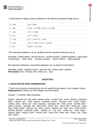 Generalitat de Catalunya 
Departament d’Ensenyament 
Institut Carles Vallbona 
* L'arrel sofreix en alguns casos modificacions de l'última consonanten afegir una -a 
* Els masculins acabats en -e, -o, -u àtones canvien aquests vocals per una -a. 
Exemples: Àrbitre-àrbitra, alumne-alumna, ministre-ministra, pediatre-pediatra, sogre-sogra 
monjo-monja, viduo–vidua, europeu–europea, hebreu-hebrea, plebeu-plebea. 
Els masculins acabats en vocal tònica afegeixen una -n davant el sufix femení: 
Exemples: capità - capitana, germà - germana, lleó - lleona, padrí - padrina 
Però també: heroi - heroïna, orfe - òrfena, rei – reina 
ADJECTIUS: 
1- ADJECTIUS DE DUES TERMINACIONS: 
* Tenen una forma per a cada gènere, és a dir quatre formes segons, si són singular i plural. 
Regla general: El femení es forma afegint una -a al masculí. 
Content --> contenta. Altres exemples: 
absolut - absoluta, alt - alta, atent - atenta, auster - austera, baix - baixa, benèvol - benèvola, 
blanc - blanca, clar - clara, content - contenta, convex - convexa, corb - corba, cortès - 
cortesa, dens - densa, dur - dura, esquerp - esquerpa, fort - forta, esvelt - esvelta, etern - 
eterna, exempt - exempta, fals - falsa, ferm - ferma, fosc - fosca, fred - freda, gris - grisa, 
llarg - llarga, madur - madura, mal - mala, màxim - màxima, net - neta, prim - prima, primer - 
primera, profund - profunda, públic - pública, ric - rica, sant - santa, sec - seca, segon - 
segona, segur - segura, sonor - sonora, sord - sorda, trist - trista, verd - verda, xop - xopa, 
àcid - àcida... 
Nom arxiu: 7_COM_ESTAS Data : setembre 2014 
Elaborat per: Montse Talavera a partir del material Jclic Comencem de J.C. Hierro pàg. 3 de 25 
Aquest document pot quedar obsolet una vegada imprès 
 