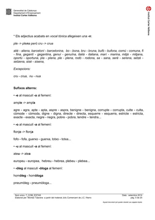 Generalitat de Catalunya 
Departament d’Ensenyament 
Institut Carles Vallbona 
* Els adjectius acabats en vocal tònica afegeixen una -n: 
ple -> plena però cru -> crua 
aliè - aliena, barceloní - barcelonina, bo - bona, bru - bruna, bufó - bufona, comú - comuna, fi 
- fina, gegantí - gegantina, genuí - genuïna, italià - italiana, marí - marina, mitjà - mitjana, 
oportú - oportuna, pla - plana, ple - plena, rodó - rodona, sa - sana, serè - serena, setzè - 
setzena, sisè - sisena, 
Excepcions: 
cru - crua, nu - nua 
Sufixos alterns: 
• -e al masculí -a al femení: 
ample -> ampla 
agre - agra, apte - apta, aspre - aspra, benigne - benigna, corrupte - corrupta, culte - culta, 
còmode - còmoda, digne - digna, directe - directa, esquerre - esquerra, estricte - estricta, 
exacte - exacta, negre - negra, pobre - pobra, tendre – tendra... 
• -o al masculí -a al femení: 
flonjo -> flonja 
fofo - fofa, guerxo - guerxa, totxo - totxa... 
• -u al masculí -a al femení: 
ateu -> atea 
europeu - europea, hebreu - hebrea, plebeu - plebea... 
• -òleg al masculí -òloga al femení: 
homòleg - homòloga 
pneumòleg - pneumòloga... 
Nom arxiu: 7_COM_ESTAS Data : setembre 2014 
Elaborat per: Montse Talavera a partir del material Jclic Comencem de J.C. Hierro pàg. 5 de 25 
Aquest document pot quedar obsolet una vegada imprès 
 