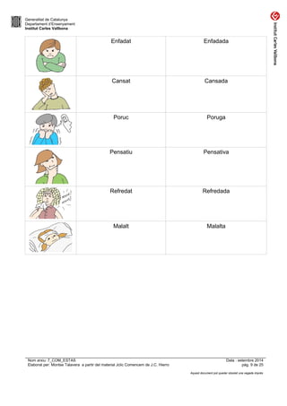 Generalitat de Catalunya 
Departament d’Ensenyament 
Institut Carles Vallbona 
Enfadat Enfadada 
Cansat Cansada 
Poruc Poruga 
Pensatiu Pensativa 
Refredat Refredada 
Malalt Malalta 
Nom arxiu: 7_COM_ESTAS Data : setembre 2014 
Elaborat per: Montse Talavera a partir del material Jclic Comencem de J.C. Hierro pàg. 9 de 25 
Aquest document pot quedar obsolet una vegada imprès 
 