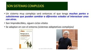 • Un sistema muy complejo será entonces el que tenga muchas partes o
subsistemas que puedan cambiar a diferentes estados al interactuar unos
con otros.
• Son Impredecibles, siguen ciclos vitales
• Se adaptan en con el entorno (sistemas adaptativos complejos)
01/07/2019 Ing. Fidel CASTRO CAYLLAHUA
SON SISTEMAS COMPLEJOS
 