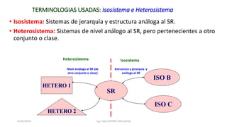 • Isosistema: Sistemas de jerarquía y estructura análoga al SR.
• Heterosistema: Sistemas de nivel análogo al SR, pero pertenecientes a otro
conjunto o clase.
SR
ISO B
ISO C
HETERO 1
HETERO 2
01/07/2019 Ing. Fidel CASTRO CAYLLAHUA
TERMINOLOGIAS USADAS: Isosistema e Heterosistema
Heterosistema Isosistema
Nivel análogo al SR (de
otro conjunto o clase)
Estructura y jerarquía y
análogo al SR
 