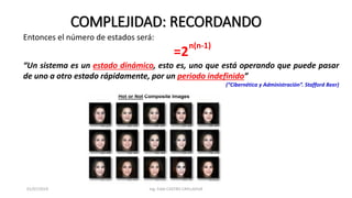 01/07/2019 Ing. Fidel CASTRO CAYLLAHUA
COMPLEJIDAD: RECORDANDO
Entonces el número de estados será:
=2
“Un sistema es un estado dinámico, esto es, uno que está operando que puede pasar
de uno a otro estado rápidamente, por un periodo indefinido”
(“Cibernética y Administración”. Stafford Beer)
n(n-1)
 