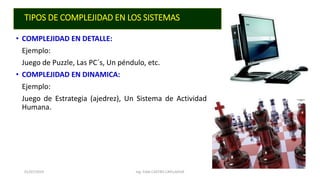 TIPOS DE COMPLEJIDAD EN LOS SISTEMAS
• COMPLEJIDAD EN DETALLE:
Ejemplo:
Juego de Puzzle, Las PC´s, Un péndulo, etc.
• COMPLEJIDAD EN DINAMICA:
Ejemplo:
Juego de Estrategia (ajedrez), Un Sistema de Actividad
Humana.
01/07/2019 Ing. Fidel CASTRO CAYLLAHUA
 