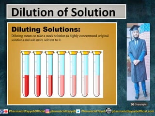 Diluting Solutions:
Diluting means to take a stock solution (a highly concentrated original
solution) and add more solvent to it.
Dilution of Solution
 