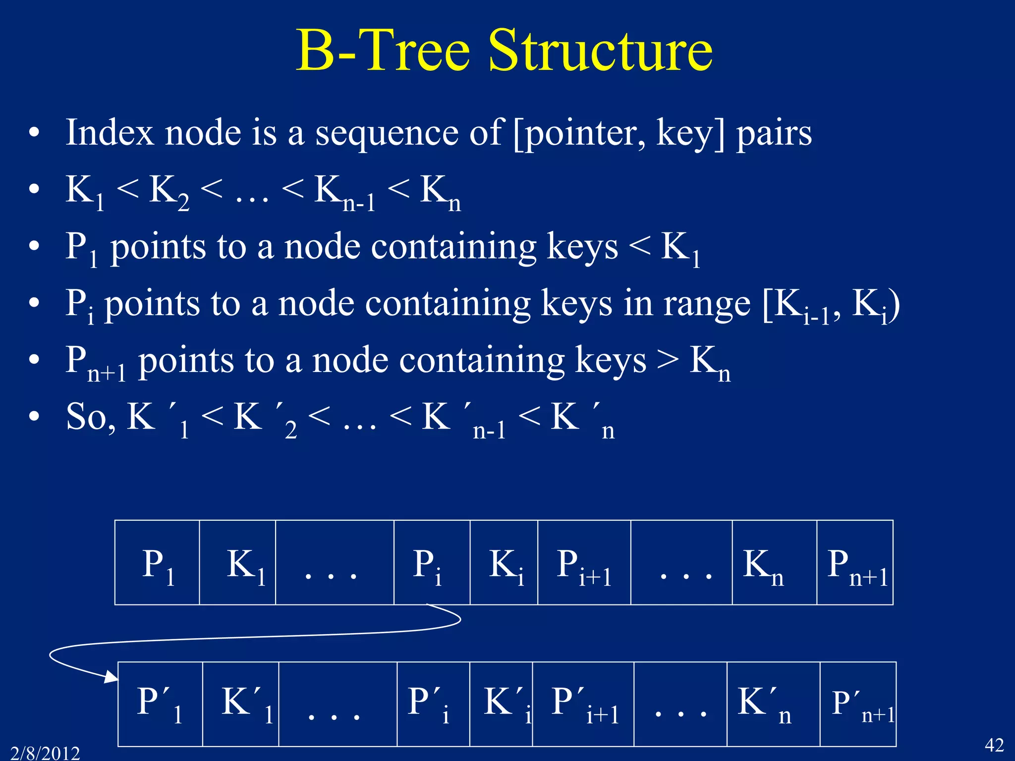 2/8/2012 42
B-Tree Structure
Pi Ki Pi+1P1 K1 Kn Pn+1. . . . . .
P´i K´i P´i+1P´1 K´1 K´n P´n+1. . . . . .
• Index node is a sequence of [pointer, key] pairs
• K1 < K2 < … < Kn-1 < Kn
• P1 points to a node containing keys < K1
• Pi points to a node containing keys in range [Ki-1, Ki)
• Pn+1 points to a node containing keys > Kn
• So, K ´1 < K ´2 < … < K ´n-1 < K ´n
 