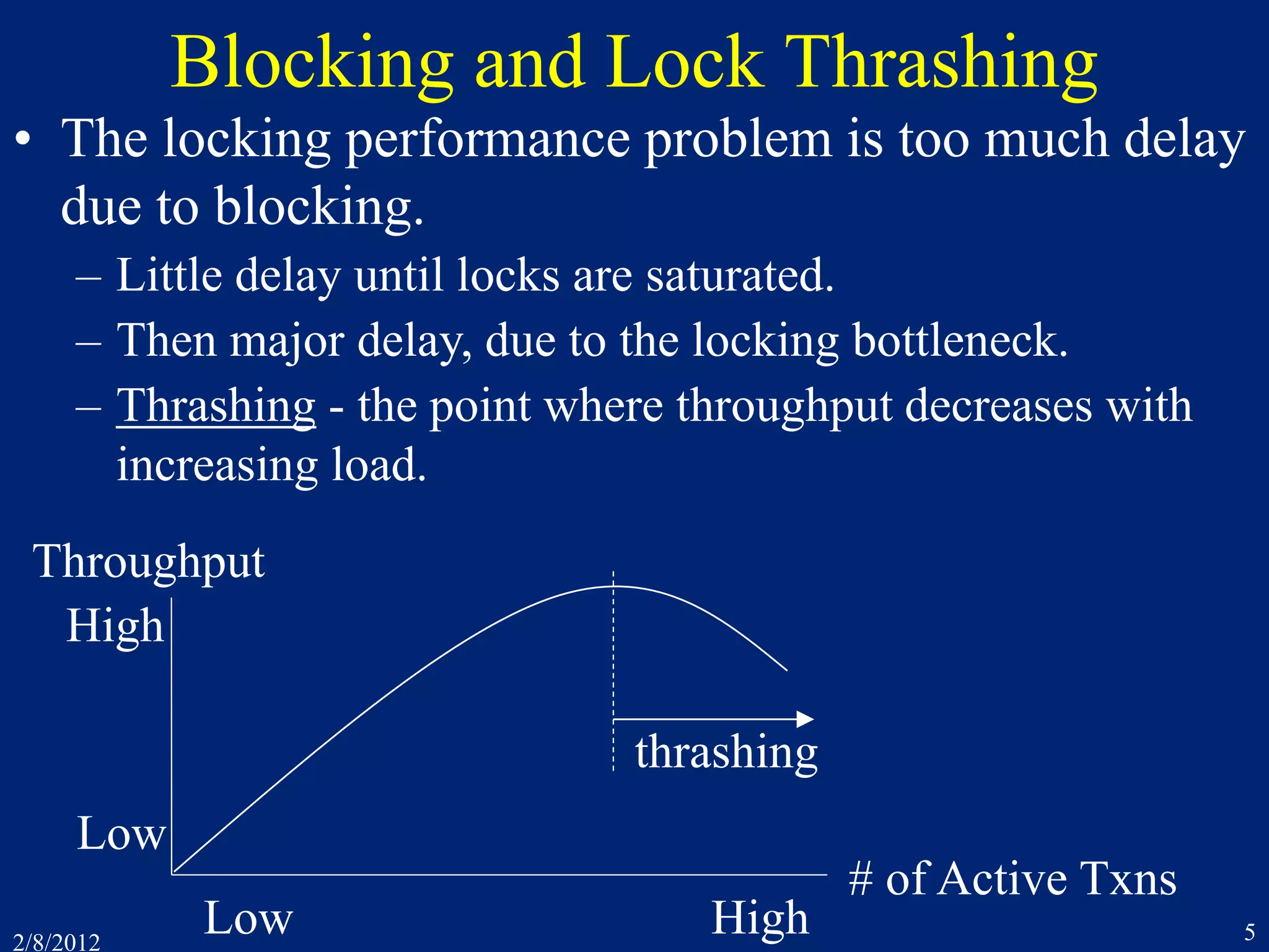 2/8/2012 5
Blocking and Lock Thrashing
Throughput
Low
High
# of Active Txns
Low High
• The locking performance problem is too much delay
due to blocking.
– Little delay until locks are saturated.
– Then major delay, due to the locking bottleneck.
– Thrashing - the point where throughput decreases with
increasing load.
thrashing
 