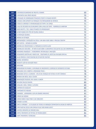 107 A interdisciplinaridade no projeto literário 69
108 A matemática nas séries iniciais 70
109 A mediação do coordenador pedagógico frente à atuação docente 70
110 A Música como expoente na formação E NO protagonismo na infância 70
111 A Roda de Conversa e a Reorganização do Tempo e do Espaço 71
112 A Sala De Recursos Multifuncionais Como A Mola Do Tempo – Memórias De Harryson 71
113 Aedes Aegypti + TICs = Boas situações de aprendizagem 72
114 Alfabetizando com Sítio do Picapau Amarelo 72
115 Alimentação Saudável 72
116 Animais Em Extinção 73
117 Apresentações e Exposições na Escola: uma nova visão sobre o processo criativo 73
118 Arte Egípcia – Imitação do Papiro 73
119 Assembleias Dramatizadas e a formação do grupo-classe 74
120 Assembleias escolares – um novo olhar sobre a convivência escolar no ciclo do Fundamental I 74
121 Assessoria Pedagógica – Planejamento, metodologia e avaliação 75
122 Atendimento Hospitalar E Domiciliar – Desafiando Os Limites Da Educação Especial 75
123 Aulas práticas e investigativas no estudo dos vegetais 76
124 Avental Matemático 76
125 Basquete além da educação física 77
126 Bimestrão 77
127 Brincadeiras do Mundo: a exploração de movimentos e vivências de diferentes culturas 77
128 Brincando com a Robótica, Aprendendo Física... 78
129 Brincando com os 4 elementos – ateliê das crianças no Festival de Arte Serrinha 78
130 Brincar com areia, água e sucata 79
131 Brincriações musicais: das caixas à canção 79
132 Building English Readers 80
133 Camaleão: cores, formas e leituras 80
134 Campanha do Agasalho 80
135 Campeonato de Tabuada 81
136 Cidadania – Aprendendo a ser um cidadão consciente 81
137 Ciência na cozinha 81
138 Ciência sobre a água para o uso consciente 82
139 Ciranda Cultural 82
140 Como eu aprendo? – A utilização da técnica de animação stopmotion na oficina de robótica 83
141 Como fazer na escola uma comida DE QUE todo mundo goste? 83
142 Contatos Imediatos do Primeiro Grau 84
143 Corpo e movimento um festival de possibilidades 84
144 Corpo, Movimento e Tecnologia 84
icloc_2015_miolo_FINAL.indd 9 18/05/15 18:35
 