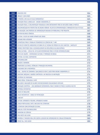 332 Dinheiro Vivo 164
333 Drogas y adicciones 165
334 É possível uma sala de aula democrática? 165
335 Educação Física Curricular – Ensino Fundamental II 166
336 Educação Física, a documentação pedagógica como instrumento para as reflexões sobre a prática 166
337 Educomunicação na perspectiva do ensino híbrido: relato de experimentação e inovação na sala de aula 167
338 EG EducAção: uma proposta de aprendizagem baseada em problemas e por projetos 167
339 Eletiva Recursos HÍDRICOS 168
340 Eletiva: A volta ao mundo através dos Jogos 168
341 Ensinar para aprender 168
342 Estratégias para o trabalho pedagógico de Ciências no 7º ano 169
343 Estudo de impactos ambientais em obra do VLT vizinha do prédio do Liceu Santista – Santos/SP 169
344 Fatores protetores para o desenvolvimento da resiliência na adolescência 170
345 Feira Cultural – Século XX: um olhar diferenciado para o estudo interdisciplinar 170
346 Festa das Nações – DIVERSIDADE CULTURAL E FORMAÇÃO DO BRASIL 171
347 Festival Cultural Cooperativo 171
348 Fotojornalismo 172
349 Frações e Bombons 172
350 Fronteiras Culturais, vivências e produção documental 173
351 Fuxicando com a Matemática 173
352 GCQL – Grupos de Cidadania, Qualidade de Vida e Lazer para Ensino Fundamental II 174
353 Grafismo Indígena e padrões simétricos: um processo de abstração 174
354 Histórias de Fantasmas 175
355 Idade Média: Tecnologia E Arte 175
356 Inclusão e avaliação de alunos com necessidades educacionais especiais 175
357 Iniciação Científica – Uma abordagem experimental para o ensino de Física e Química no EFII 176
358 Intervalo Interativo 176
359 Jogos de Tabuleiro 176
360 Jogos Matemáticos – Bingo de Potenciação 177
361 Land Art 177
362 Leitura: aprender a palavra, aprender o mundo 177
363 Língua Portuguesa e Arte: Van Gogh na Literatura 178
364 Literatura como interação cultural 178
365 Made by, feito por brasileiros 179
366 Maratona de Ciências 179
367 Meia-Noite no Elvira 180
368 Memória e tradição oral dos contos clássicos no aprendizado de língua estrangeira 180
369 Menos sal, mais saúde 180
icloc_2015_miolo_FINAL.indd 15 18/05/15 18:35
 