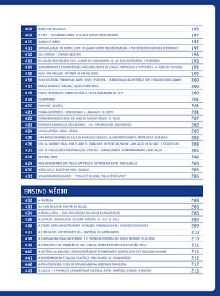 408 Robótica: Degrau +1 196
409 S.E.X.O – Sustentabilidade, Ecologia Versus Oportunidade 197
410 Sarau Literário 197
411 Sensibilização do olhar: Como (re)significamos nossas relações a partir de experiências sensoriais? 197
412 Seu Sorriso é o nosso Objetivo 198
413 Shakespeare e Molière para alunos do Fundamental II: um diálogo possível e prazeroso 198
414 Similaridades e Convergências das habilidades de Língua Portuguesa e Matemática na Área de Humanas 199
415 Soma dos ângulos internos de um polígono 199
416 Suas histórias por nossas mãos: ouvir, escrever e transformar as histórias dos cidadãos sorocabanos 200
417 Tarefa complexa nas avaliações trimestrais 200
418 Teatro de Bonecos: Uma experiência pelas linguagens da arte 200
419 Tecnomundo 201
420 Tempo de Eleições 201
421 Trabalho Rítmico – Descobrindo a LINGUAGEM do Corpo 201
422 Transformando o jogo: do jogo de taco ao hóquei de salão 202
423 Tutoria e Orientação Educacional – uma parceria mais que possível 202
424 Um olhar para nossa escola 202
425 Uma nova concepção de sala de aula de Geografia: aluno protagonista, professora mediadora 203
426 Uso da Internet para Publicação de Trabalhos de Ciências/Saúde: Ampliação de Alcance e Significado 203
427 Uso de Google Docs nas produções escritas – planejamento, acompanhamento e avaliação 204
428 Vai para onde? 204
429 Vale do Ribeira e São Paulo: um projeto de parceria entre duas escolas 205
430 Vidas Secas, releitura para crianças 205
431 Voluntariado Educativo – “Tenha Fé Na Vida, Tenha Fé No Amor” 206
Ensino Médio
432 4 matérias 208
433 50 Anos Do Golpe Militar No Brasil 208
434 A Babel Latina e suas influências culturais e linguísticas 208
435 A caixa de arqueologia: cultura material na sala de aula 209
436 A cidade como um instrumento de ensino-aprendizagem na educação geográfica 209
437 A ciência dos superpoderes pela invenção de super-heróis 210
438 A Comissão Nacional da Verdade e o Ensino de História do Brasil no Novo Telecurso 210
439 A experiência da formação de um Clube da Química em um colégio de São Paulo 211
440 A História da Biologia como estratégia de aprendizagem significativa de Fisiologia Humana 211
441 A importância da pesquisa científica para alunos do Ensino Médio 212
442 A influência dos meios de comunicação na sociedade brasileira 212
443 A língua e a formação da identidade nacional: entre domínios, veredas e poderes 213
icloc_2015_miolo_FINAL.indd 17 18/05/15 18:35
 