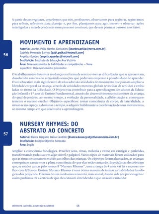 46Instituto Cultural Lourenço Castanho
A partir desses registros, percebemos que nós, professores, observamos para registrar, registramos
para refletir, refletimos para planejar e, por fim, planejamos para agir, intervir e observar: ações
interligadas e interdependentes num processo contínuo, que devem permear o nosso ano letivo.
Movimento e Aprendizagem
Autoria: Lourdes Pelka Barrios Gonlçaves [lourdes.pelka@terra.com.br]
Gabriela Penteado Barrios [gabi.pelka@hotmail.com]
Angelica Guedes [angelicaguedes@hotmail.com]
Instituição: Instituto de Educação Ana Victória
Área: Desenvolvimento de habilidades e competências – Tema
específico: Desenvolvimento psicomotor
O trabalho motor dinamiza mudanças na forma de sentir e viver as dificuldades que se apresentam,
dissolvendo amarras ou atenuando sensações que poderiam emperrar a possibilidade de aprender.
O ato educativo mais significativo do educador são atividades de movimento que possam ampliar a
liberdade corporal da criança, através de atividades motoras globais revestidas de sentidos e emba-
ladas no ritmo da ludicidade. O Projeto visa contribuir para a aprendizagem dos alunos da Educa-
ção Infantil e 1º ano do Ensino Fundamental, através do desenvolvimento psicomotor da criança,
do qual dependem, ao mesmo tempo, a evolução da personalidade, a alfabetização e, consequen-
temente o sucesso escolar. Objetivos específicos: tomar consciência de corpo, da lateralidade, a
situar-se no espaço, a dominar o tempo, a adquirir habilmente a coordenação de seus movimentos,
ao mesmo tempo em que desenvolve a aprendizagem.
Nursery Rhymes: do
abstrato ao concreto
Autoria: Bianca Bergamo Basso Candido [bianca.basso@objetivosorocaba.com.br]
Instituição: Colégio Objetivo Sorocaba
Área: Inglês
Ampliar a consciência fonológica. Perceber sons, rimas, melodia e ritmo em cantigas e parlendas,
transformando tudo isso em algo visível e palpável. Vários tipos de materiais foram utilizados para
que as rimas se tornassem visíveis aos olhos das crianças. Os objetivos foram alcançados, as crianças
conseguiram cantar e ter a plena consciência do que elas estão cantando. Especialistas descobriram
que, se souber cantar pelo menos 8 “Nursery Rhymes", uma criança de 4 anos vai ler e escrever me-
lhor com 8/9 anos. Ensinar Nursery Rhymes é uma ótima maneira de treinar as habilidades fonoló-
gicas dos pequenos. Fizemos de um modo mais concreto, mais visível, dando vida aos personagens e
assim pudemos ter a certeza de que eles estavam entendendo o que estavam cantando.
56
57
icloc_2015_miolo_FINAL.indd 46 18/05/15 18:35
 