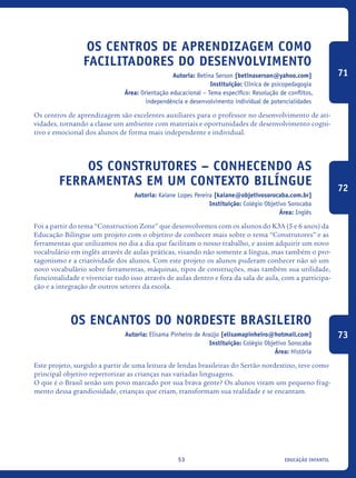 educação infantil53
Os centros de aprendizagem como
facilitadores do desenvolvimento
Autoria: Betina Serson [betinaserson@yahoo.com]
Instituição: Clínica de psicopedagogia
Área: Orientação educacional – Tema específico: Resolução de conflitos,
independência e desenvolvimento individual de potencialidades
Os centros de aprendizagem são excelentes auxiliares para o professor no desenvolvimento de ati-
vidades, tornando a classe um ambiente com materiais e oportunidades de desenvolvimento cogni-
tivo e emocional dos alunos de forma mais independente e individual.
Os Construtores – Conhecendo as
ferramentas em um contexto Bilíngue
Autoria: Kaiane Lopes Pereira [kaiane@objetivosorocaba.com.br]
Instituição: Colégio Objetivo Sorocaba
Área: Inglês
Foi a partir do tema “Construction Zone” que desenvolvemos com os alunos do K3A (5 e 6 anos) da
Educação Bilíngue um projeto com o objetivo de conhecer mais sobre o tema “Construtores” e as
ferramentas que utilizamos no dia a dia que facilitam o nosso trabalho, e assim adquirir um novo
vocabulário em inglês através de aulas práticas, visando não somente a língua, mas também o pro-
tagonismo e a criatividade dos alunos. Com este projeto os alunos puderam conhecer não só um
novo vocabulário sobre ferramentas, máquinas, tipos de construções, mas também sua utilidade,
funcionalidade e vivenciar tudo isso através de aulas dentro e fora da sala de aula, com a participa-
ção e a integração de outros setores da escola.
Os Encantos do Nordeste Brasileiro
Autoria: Elisama Pinheiro de Araújo [elisamapinheiro@hotmail.com]
Instituição: Colégio Objetivo Sorocaba
Área: História
Este projeto, surgido a partir de uma leitura de lendas brasileiras do Sertão nordestino, teve como
principal objetivo repertorizar as crianças nas variadas linguagens.
O que é o Brasil senão um povo marcado por sua brava gente? Os alunos viram um pequeno frag-
mento dessa grandiosidade, crianças que criam, transformam sua realidade e se encantam.
71
72
73
icloc_2015_miolo_FINAL.indd 53 18/05/15 18:35
 