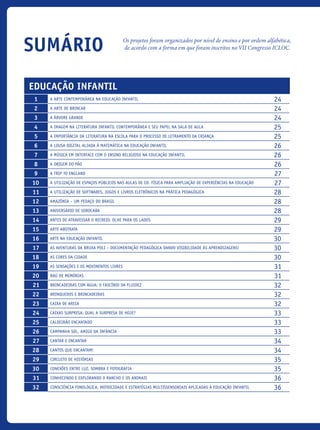 Sumário Os projetos foram organizados por nível de ensino e por ordem alfabética,
de acordo com a forma em que foram inscritos no VII Congresso ICLOC.
Educação INFANTIL
1 A Arte Contemporânea na Educação Infantil 24
2 A Arte de Brincar 24
3 A Árvore Grande 24
4 A Imagem na literatura infantil contemporânea e seu papel na sala de aula 25
5 A Importância Da Literatura Na Escola Para O Processo De Letramento Da Criança 25
6 A Lousa Digital Aliada À Matemática Na Educação Infantil 26
7 A Música em interface com o Ensino Religioso na Educação Infantil 26
8 A Origem do Pão 26
9 A Trip to England 27
10 A Utilização De Espaços Públicos Nas Aulas De Ed. Física Para Ampliação De Experiências Na Educação 27
11 A Utilização De Softwares, Jogos E Livros Eletrônicos Na Prática Pedagógica 28
12 Amazônia – Um pedaço do Brasil 28
13 Aniversário de Sorocaba 28
14 Antes de atravessar o Recreio, olhe para os lados 29
15 Arte Abstrata 29
16 Arte na Educação Infantil 30
17 As aventuras da Bruxa Poli – Documentação pedagógica dando visibilidade às aprendizagens! 30
18 As cores da cidade 30
19 As Sensações E Os Movimentos Livres 31
20 Baú de Memórias 31
21 Brincadeiras com água: o fascínio da fluidez 32
22 Brinquedos e brincadeiras 32
23 Caixa de areia 32
24 Caixas Surpresa: qual a surpresa de hoje? 33
25 Caldeirão Encantado 33
26 Campanha Sol, Amigo da Infância 33
27 Cantar e Encantar 34
28 Cantos que encantam! 34
29 Circuito de Histórias 35
30 Conexões entre luz, sombra e fotografia 35
31 Conhecendo e explorando o rancho e os animais 36
32 Consciência Fonológica, Motricidade e Estratégias Multissensoriais aplicadas à Educação Infantil 36
icloc_2015_miolo_FINAL.indd 6 18/05/15 18:35
 