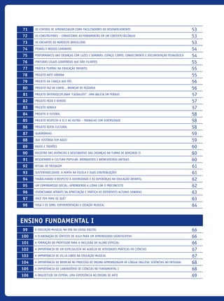 71 Os centros de aprendizagem como facilitadores do desenvolvimento 53
72 Os Construtores – Conhecendo as ferramentas em um contexto Bilíngue 53
73 Os Encantos do Nordeste Brasileiro 53
74 Pedras e nossos caminhos 54
75 Performances das crianças com Luzes e Sombras: Espaço, Corpo, Conhecimento e Documentação Pedagógica 54
76 Pinturas legais giratórias que dão filhotes 55
77 Prática Teatral Na Educação Infantil 55
78 Projeto Arte urbana 55
79 Projeto Da cabeça aos pés 56
80 Projeto Faz De Conta... Brincar De Pizzaria 56
81 Projeto Interdisciplinar “CAIXALOTE”, uma baleia em perigo! 57
82 Projeto Mexe e Remexe 57
83 Projeto Ninoca 57
84 Projeto O Futebol 58
85 Projeto Respeito a si e ao outro – trabalho com diversidade 58
86 Projeto Sexta Cultural 58
87 Quadrinhas 59
88 Que História Tem Aqui? 59
89 Raios E Trovões 60
90 Registro das vivências e descobertas das crianças na turma de berçário II 60
91 Resgatando a Cultura Popular: brinquedos e brincadeiras antigas 60
92 Ritual de passagem 61
93 Sustentabilidade: A horta na escola e suas contribuições 61
94 Trabalhando o respeito à diversidade e às diferenças na Educação Infantil 62
95 Um compromisso Social: Aprendendo a lidar com o Preconceito 62
96 Vivenciando através da apreciação e prática as diferentes alturas sonoras 63
97 Você tem fome de quê? 63
98 Yoga e os Sons: Experimentação e criação musical 64
Ensino Fundamental I
99 A Educação Musical na era da Lousa Digital 66
100 A elaboração de sínteses de aula para um aprendizado significativo 66
101 A Formação do Professor para a Inclusão do Aluno Especial 66
102 A importância de um especialista no auxílio de atividades práticas em ciências 67
103 A importância de Villa-Lobos na Educação Musical 67
104 A importância do brincar no processo de ensino-aprendizagem de Língua Inglesa: vivências no Integral 68
105 A Importância do laboratório de Ciências no Fundamental I 68
106 A inquietude da espera: uma experiência no ensino de Arte 69
icloc_2015_miolo_FINAL.indd 8 18/05/15 18:35
 