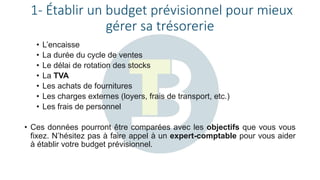 1- Établir un budget prévisionnel pour mieux
gérer sa trésorerie
• L’encaisse
• La durée du cycle de ventes
• Le délai de rotation des stocks
• La TVA
• Les achats de fournitures
• Les charges externes (loyers, frais de transport, etc.)
• Les frais de personnel
• Ces données pourront être comparées avec les objectifs que vous vous
fixez. N’hésitez pas à faire appel à un expert-comptable pour vous aider
à établir votre budget prévisionnel.
 