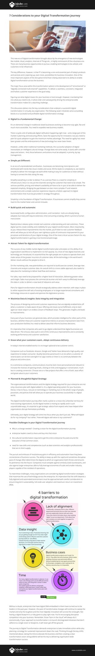 7 Considerations to your Digital Transformation Journey
This new era of digital transformation brought about by the emergence of new technologies
like mobile, cloud, analytics, Internet of Things etc., is highly reminiscent of the e-business era.
There are many business opportunities to pursue, enabling technologies to be utilized, and
customers to be inﬂuenced.
The key diﬀerence, however, is that IT is becoming a core and essential part of today’s products
and services and is opening up, even more, possibilities for business innovation. One of the
most important aspects of the disruptive trend that is being observed is its ability to enable
digital transformation across the business.
The major focus area within this transformation sphere is the development of “omnichannel” or
“digitally connected multi-channel” capabilities. To deliver a seamless, consistent, integrated
and holistic customer experience is the goal today.
Figuring out what digital means for your business is hard enough. However, translating that
into what you need to do, in what order and subsequently driving the enterprise-wide
transformation makes for a daunting challenge.
This discussion delves into the key considerations that underpin a successful digital
transformation in virtually any organization. The following seven initiatives serve as building
blocks to a successful and proﬁtable digital transformation strategy:
Digital Is a Fundamental Change:
It’s an elemental change in traditional siloed businesses evolving to become truly agile, ﬂat and
much more accessible. You need to expedite new business models.
There is quite a bit of widescale digital ratiﬁcation happening right now – and a large part of the
market is planning and executing eﬀorts. Seize the opportunity for innovation, but you need to
plan for quick adoption to gain the maximum market advantage. The need for agility has never
been greater and the embracement of new technology has never been faster.
However, unlike other traditional marketing methods, the successful adoption of digital
necessitates an intelligent cultural change. Change does not come easily. It starts with concrete
steps and actions. And, those behaviors and actions must be adopted, in priority, by top
management.
Simple yet Diﬀerent:
In an era of unprecedented ramiﬁcation, businesses are becoming more dynamic and
distributed with trends like cloud, mobile and social. All this leads to complexity so, we need to
simplify to deliver the messages we want while making it easy for audiences to listen without
having to connect the dots along the way.
Simplify everything in order to deliver IT as a service.There is a need for simplicity in
infrastructure. And, it is not just the channels serving the customer that need to be simple. The
services portfolio, pricing and network availability all have to be in sync to be able to deliver the
expected simplicity. Bridging the gap between an ever more complex IT and network
environment and a simple customer experience requires a holistic approach to digital
transformation that must be grounded in strategy throughout.
Simplicity is the foundation of Digital Transformation. If businesses cannot simplify they cannot
react to the market faster and cannot innovate.
Build quick and automate:
Automated build, conﬁguration administration, and translation tools are already being
adopted, but many still require extensive, time-consuming scripting, which is prone to human
inaccuracies
Rapid product release cycles include real customer understanding and real customers. These
digital sprints create visibility and credibility for your digital transformation. More importantly,
as you release these improvements into the market, you’ll listen to real customer feedback
which will allow you to kick oﬀ your own righteous cycles of continuous improvement to your
processes and iterations of your digital strategy. One of the most critical success factors for any
digital transformation is gaining cross-functional patronage.
Attract Talent for digital transformation
The success of any middle market digital transformation plan articulates on the ability of an
organization’s workforce to implement it to full capacity. As a host of new digital channels and
technology are introduced, it’s essential that the right people are in place to operate them and
make sense of the greater incursion of customer data. All the technology in the world won’t
deliver results without the people to drive it.
On the marketing side, new potentialities are required to build coercive content, leverage new
channels and analyze customer data. An overall shift to a more viable approach also needs to
take place for marketing to deliver lead ﬂow and revenue.
For sales, reps need to be prepared for a higher level of interaction, delivering greater value
and insight. Sales must possess the commercial acumen and tech savvy to eﬀectively leverage
this data in order to deliver a new level of relevance and value.
Plans for digital transformation should strategically address talent retention, with steps in place
to either expand the skill sets of existing employees or to target experienced consultants and
technology resources to speed and optimize the digitization process.
Maximize Data & insights: Data Integrity and Integration
The process of designing end-to-end customer experiences that are digitally enabled kicks oﬀ
when a customer is made aware of your oﬀering and closes out at fulﬁllment, only to start
again (or never stop) in an endless stream of feedback loops. This generates insights and leads
to improvements.
Every part of your business can generate data, which provides intelligence for other parts of the
business, whether these are customer experience metrics or process improvement stats from
your production facilities.You need to deliver data that informs business decisions.
It’s imperative that companies who want to go digital understand that digital businesses are
data-driven. The virtuous data cycle is one of the continuous improvements and is constantly
evolving performance and customer satisfaction.
Know what your customers want…Adopt continuous delivery
In today’s internet-enabled world, it is no longer optional to be customer centric.
Companies such as Facebook, Amazon, Google and Twitter have delivered a high-quality user
experience to today’s consumer. Quality becomes paramount in an era when a customer of
several years can be lost overnight if an app crashes or there is no continuity between the
physical and online store.
In e-commerce companies, communications must be even more personalized and relevant to
increase the chances of opening emails, clicking on links and engaging in conversation, much
less in creating conversion. Choose one or a few projects that oﬀer a mix of both, least eﬀort
and great value to your customers.
Planned & thoughtful Digital Strategy:
The organizational transformations and the digital strategy required for your enterprise are not
only a business plan with digital added in, it’s a digital operating system for your business.
Hence, it has to focus, not just on technology or marketing, but on the whole range of people,
processes, and policies that will allow you to operate your business successfully in a digital
world.
The digital transformation journey often marks a pivot or a move into unfamiliar territory for
most existing organizations. As the digital market is moving so rapidly and in such
unpredictable ways, it’s essential to get strategic advice from experts who have helped other
organizations disrupt themselves proﬁtably.
Ultimately, your digital strategy will come into focus when you don’t just ask, “What will digital
do for my company?” but rather, “How will digital add value to my customers?”
Possible Challenges in your Digital Transformation Journey
Why is a change needed? Creating a vision for the digital transformation journey
enterprise leaders need to share and buy into that vision
the cultural transformation required to get the entire enterprise focused around the
execution of that common vision.
need for new skills and competencies (such as data scientists and analytics professionals)
that are in short supply.
The pursuit and embrace of revolutionary gains in eﬃciency and automation have long been
cornerstones of business success. The ability to keep up with the rapid and sometimes disruptive
pace of change often determines the degree to which an organization both thrives and ensures
its pertinence into the future. Companies must compete against similarly-sized counterparts, and
also against larger enterprises able to fully leverage economies of scale and smaller industry
players capable of the nimblest of operations.
To meet these challenges, many organizations are considering digital transformation strategies
that maximize the use of technology across the enterprise. It’s imperative that the shift towards a
fully digitized and automated environment must be approached with careful consideration to
ensure long-term sustainability, full-scale user adoption and maximum return on investment
(ROI).
Without a doubt, enterprises that have digital DNA embedded in them have turned out to be
leaders in the past year. However, the pace of transformative changes will continue to sweep the
market and only the toughest and the most ‘digitally innovative’ will survive the onslaught. Not
having a digital blueprint is a risky game to play right now. You’re encouraging disruptive
competition into your business. Remember, those “born in the cloud” will always do it
economically. If your approach to transformation is to launch disintegrated initiatives that don’t
adhere to a single vision or blueprint, it will never get oﬀ the ground.
The journey to Digital Transformation demands enterprises to take immediate action while also
planning a strategy for sustained improvement down the road. Thinking through the key shifts
mentioned above, taking the time to educate the business and then creating a clear
transformation vision and guideline will be the key to delivering organisation-wide
transformation success.
www.xcubelabs.com
 