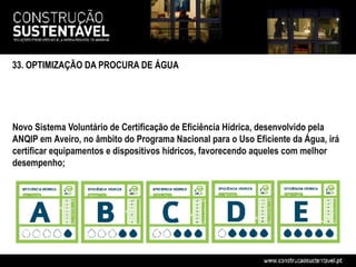 33. OPTIMIZAÇÃO DA PROCURA DE ÁGUA




Novo Sistema Voluntário de Certificação de Eficiência Hídrica, desenvolvido pela
ANQIP em Aveiro, no âmbito do Programa Nacional para o Uso Eficiente da Água, irá
certificar equipamentos e dispositivos hídricos, favorecendo aqueles com melhor
desempenho;
 