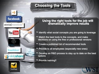 Choosing the Tools
• Identify what social concepts you are going to leverage
• Match the best tools to the concepts, and make
decisions on using the free or professional versions
• Create a published list of recommended tools
• Provide to all employees (especially new ones)
• Develop an R&D process to stay up to date on the best
options
• Provide training!!
Using the right tools for the job will
dramatically improve results
 