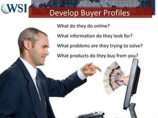 Develop Buyer Profiles
©2013 WSI. All rights reserved.
What do they do online?
What information do they look for?
What problems are they trying to solve?
What products do they buy from you?
 