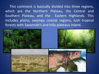 This continent is basically divided into three regions,
which are the Northern Plateau, the Central and
Southern Plateau, and the Eastern Highlands. This
includes plains, swampy coastal regions, lush tropical
forests with Savannah’s and hilly plateaus inland.
 