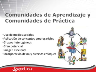Comunidades de Aprendizaje y 
Comunidades de Práctica 
•Uso de medios sociales 
•Aplicación de conceptos empresariales 
•Grupos heterogéneos 
•Gran potencial 
•Imagen excelente 
•Incorporación de muy diversos enfoques 
