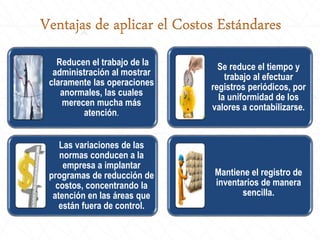 Reducen el trabajo de la
administración al mostrar
claramente las operaciones
anormales, las cuales
merecen mucha más
atención.
Las variaciones de las
normas conducen a la
empresa a implantar
programas de reducción de
costos, concentrando la
atención en las áreas que
están fuera de control.
Se reduce el tiempo y
trabajo al efectuar
registros periódicos, por
la uniformidad de los
valores a contabilizarse.
Mantiene el registro de
inventarios de manera
sencilla.
 