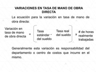 La ecuación para la variación en tasa de mano de
obra directa:
VARIACIONES EN TASA DE MANO DE OBRA
DIRECTA
Variación en
tasa de mano
de obra directa
=
Tasa
estándar
del sueldo
-
Tasa real
del sueldo x
# de horas
realmente
trabajadas
Generalmente esta variación es responsabilidad del
departamento o centro de costos que incurre en el
mismo.
 