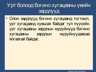 Copyright © 2004 South-Western/
Урт болоод богино хугацааны үеийн
зардлууд
• Олон зардлууд богино хугацаанд тогтмол,
урт хугацаанд хувьсах байдаг тул пүүсийн
урт хугацааны зардлын муруйнууд богино
хугацааны зардлын муруйнуудаасаа
ялгаатай байдаг.
 