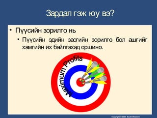 Copyright © 2004 South-Western/
Зардал гэж юу вэ?
• Пүүсийн зорилго нь
• Пүүсийн эдийн засгийн зорилго бол ашгийг
хамгийн их байлгахад оршино.
 