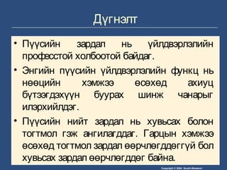 Copyright © 2004 South-Western/
Дүгнэлт
• Пүүсийн зардал нь үйлдвэрлэлийн
професстой холбоотой байдаг.
• Энгийн пүүсийн үйлдвэрлэлийн функц нь
нөөцийн хэмжээ өсөхөд ахиуц
бүтээгдэхүүн буурах шинж чанарыг
илэрхийлдэг.
• Пүүсийн нийт зардал нь хувьсах болон
тогтмол гэж ангилагддаг. Гарцын хэмжээ
өсөхөд тогтмол зардал өөрчлөгддөггүй бол
хувьсах зардал өөрчлөгддөг байна.
 