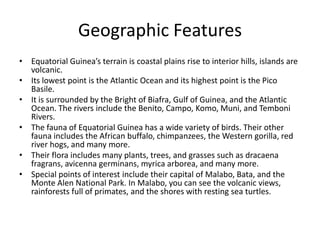 Geographic FeaturesEquatorial Guinea’s terrain is coastal plains rise to interior hills, islands are volcanic. Its lowest point is the Atlantic Ocean and its highest point is the Pico Basile. It is surrounded by the Bright of Biafra, Gulf of Guinea, and the Atlantic Ocean. The rivers include the Benito, Campo, Komo, Muni, and Temboni Rivers. The fauna of Equatorial Guinea has a wide variety of birds. Their other fauna includes the African buffalo, chimpanzees, the Western gorilla, red river hogs, and many more. Their flora includes many plants, trees, and grasses such as dracaena fragrans, avicennagerminans, myricaarborea, and many more.Special points of interest include their capital of Malabo, Bata, and the Monte Alen National Park. In Malabo, you can see the volcanic views, rainforests full of primates, and the shores with resting sea turtles. 
