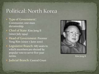 Kim Il Sung, born Kim Sung Chu was the leader of North Korea from 1948 until his death in 1994. At age 19 he joined the Korean Communist party in 1932. In 1980, Kim Il Sung’s son, Kim Jong Il, was in a commanding position to succeed his father. Kim Il Sung was reelected president in May 1990 for a four-year term. In 1991 both North and South Korea joined the United Nations (UN), and the two nations signed accords regarding nuclear weapons and reconciliation. From June 25, 1950 to July 27, 1953, the Korean War was fought between Communist and non-Communist rivals. By the end of WWII Korea was divided into two: The Republic of Korea (South) and the People's Democratic Republic of Korea (North).History: North Korea