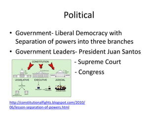 Political
• Government- Liberal Democracy with
  Separation of powers into three branches
• Government Leaders- President Juan Santos
                     - Supreme Court
                     - Congress



http://constitutionalfights.blogspot.com/2010/
06/lesson-separation-of-powers.html
 