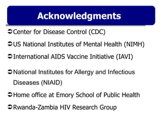 Acknowledgments Center for Disease Control (CDC) US National Institutes of Mental Health (NIMH) International AIDS Vaccine Initiative (IAVI) National Institutes for Allergy and Infectious Diseases (NIAID) Home office at Emory School of Public Health Rwanda-Zambia HIV Research Group 