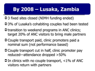 3 fixed sites closed (NIMH funding ended)  3% of Lusaka’s cohabiting couples had been tested transition to weekend programs in ANC clinics; target 20% of ANC visitors to bring male partners Couple transport paid, clinic promoters paid a nominal sum (not performance based) Couple transport cut in half, clinic promoter pay reduced—attendance dropped >50% In clinics with no couple transport, <1% of ANC visitors return with partners By 2008 – Lusaka, Zambia 