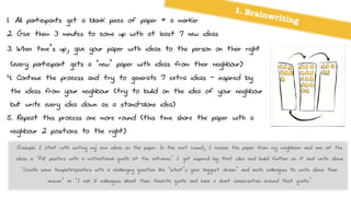1. All participants get a blank piece of paper + a marker
2. Give them 3 minutes to come up with at least 7 new ideas
3. When time’s up, give your paper with ideas to the person on their right
(every participant gets a ‘new’ paper with ideas from their neighbour)
4. Continue the process and try to generate 7 extra ideas - inspired by
the ideas from your neighbour (try to build on the idea of your neighbour
but write every idea down as a stand-alone idea)
5. Repeat this process one more round (this time share the paper with a
neighbour 2 positions to the right)
1. Brainwriting
Example: I start with writing my own ideas on the paper. In the next round, I receive the paper from my meighbour and one of the
ideas is ‘Put posters with a motivational quote at the entrance.’ I get inspired by that idea and build further on it and write down
‘Create some template-posters with a challenging question like ‘What’s your biggest dream’ and invite colleagues to write down their
answer’ or ‘I ask 5 colleagues about their favorite quote and have a short conversation around that quote.’
 