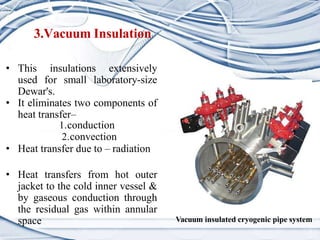 3.Vacuum Insulation
• This insulations extensively
used for small laboratory-size
Dewar's.
• It eliminates two components ...