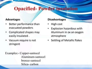 Opacified- Powder insulation
Disadvantages
• High cost
• Explosion hazardous with
Aluminum in ox an oxygen
atmosphere
• Se...