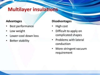 Multilayer insulations
Advantages
• Best performance
• Low weight
• Lower-cool down loss
• Better stability
Disadvantages
...