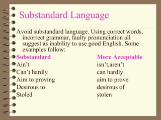 Substandard Language
Avoid substandard language. Using correct words,
incorrect grammar, faulty pronunciation all
suggest as inability to use good English. Some
examples follow:
Substandard More Acceptable
Ain’t isn’t,aren’t
Can’t hardly can hardly
Aim to proving aim to prove
Desirous to desirous of
Stoled stolen
 