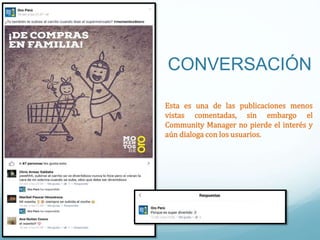 CONVERSACIÓN
Esta es una de las publicaciones menos
vistas comentadas, sin embargo el
Community Manager no pierde el interés y
aún dialoga con los usuarios.
 